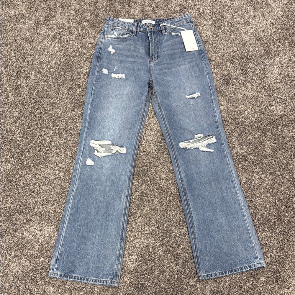 Flying Monkey Blue Straight Leg Jeans with Distressed Style
